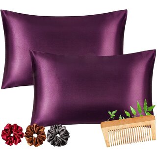                       Viozy Satin Pillow Covers Set of 2  Silk Pillow Cases for Hair and Skin  Satin Pillow Covers for Hair  Silk Pillow case  Hair scrunchies for Women 3Pcs. (Greps Wine)                                              