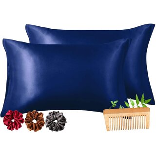                       Viozy Satin Pillow Covers Set of 2  Silk Pillow Cases for Hair and Skin  Satin Pillow Covers for Hair  Silk Pillow case  Hair scrunchies for Women 3Pcs. (Navy Blue)                                              