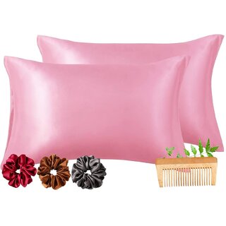                       Viozy Satin Pillow Covers Set of 2  Silk Pillow Cases for Hair and Skin  Satin Pillow Covers for Hair  Silk Pillow case  Hair scrunchies for Women 3Pcs. (Pink)                                              