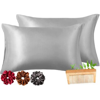                       Viozy Satin Pillow Covers Set of 2  Silk Pillow Cases for Hair and Skin  Satin Pillow Covers for Hair  Silk Pillow case  Hair scrunchies for Women 3Pcs. (Silver Grey)                                              