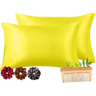                       Viozy Satin Pillow Covers Set of 2  Silk Pillow Cases for Hair and Skin  Satin Pillow Covers for Hair  Silk Pillow case  Hair scrunchies for Women 3Pcs. (Yellow)                                              