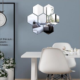 Bnezz - 7 Hexagon Silver Wall Decor 3D Acrylic Decorative Mirror for Wall Stickers for Bedroom Mirror Stickers for Home  Office Large Size (10.5 x 12.1) Cm, Unframed (7HexaSilver)