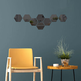 Bnezz - 8 Hexagon Black Wall Decor 3D Acrylic Decorative Mirror for Wall Stickers for Bedroom Mirror Stickers for Home & Office Large Size (10.5 x 12.1) Cm, Unframed (8HexaBlack)