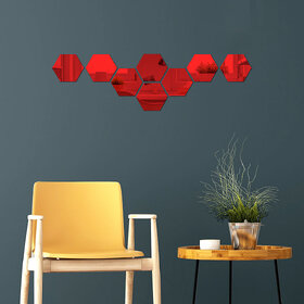Bnezz - 8 Hexagon Red Wall Decor 3D Acrylic Decorative Mirror for Wall Stickers for Bedroom Mirror Stickers for Home & Office Large Size (10.5 x 12.1) Cm, Unframed (8HexaRed)