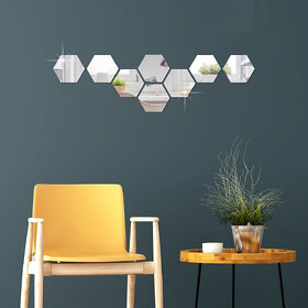 Bnezz - 8 Hexagon Silver Wall Decor 3D Acrylic Decorative Mirror for Wall Stickers for Bedroom Mirror Stickers for Home & Office Large Size (10.5 x 12.1) Cm, Unframed (8HexaSilver)