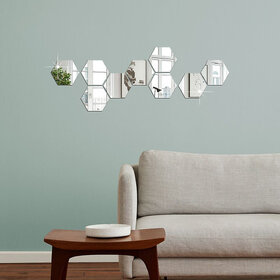 Bnezz - 9 Hexagon Silver Wall Decor 3D Acrylic Decorative Mirror for Wall Stickers for Bedroom Mirror Stickers for Home  Office Large Size (10.5 x 12.1) Cm, Unframed (9HexaSilver)