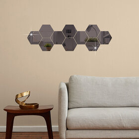 Bnezz - 10 Hexagon Black Wall Decor 3D Acrylic Decorative Mirror for Wall Stickers for Bedroom Mirror Stickers for Home & Office Large Size (10.5 x 12.1) Cm, Unframed (10HexaBlack)