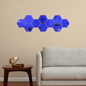 Bnezz - 10 Hexagon Blue Wall Decor 3D Acrylic Decorative Mirror for Wall Stickers for Bedroom Mirror Stickers for Home & Office Large Size (10.5 x 12.1) Cm, Unframed (10HexaBlue)