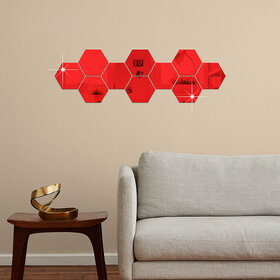 Bnezz - 10 Hexagon Red Wall Decor 3D Acrylic Decorative Mirror for Wall Stickers for Bedroom Mirror Stickers for Home & Office Large Size (10.5 x 12.1) Cm, Unframed (10HexaRed)