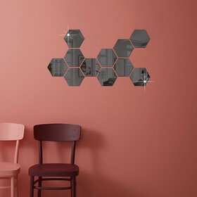 Bnezz - 11 Hexagon Black Wall Decor 3D Acrylic Decorative Mirror for Wall Stickers for Bedroom Mirror Stickers for Home & Office Large Size (10.5 x 12.1) Cm, Unframed (11HexaBlack)