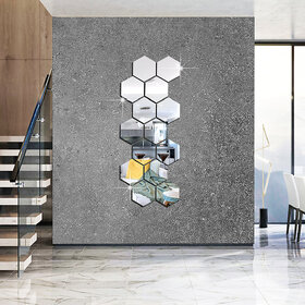 Bnezz - 14 Hexagon Silver Wall Decor 3D Acrylic Decorative Mirror for Wall Stickers for Bedroom Mirror Stickers for Home & Office Large Size (10.5 x 12.1) Cm, Unframed (14HexaSilver)