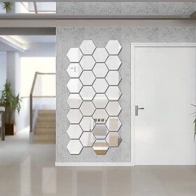 Bnezz - 28 Hexagon Silver Wall Decor 3D Acrylic Decorative Mirror for Wall Stickers for Bedroom Mirror Stickers for Home  Office Large Size (10.5 x 12.1) Cm, Unframed (28HexaSilver)
