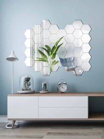 Bnezz - 40 Hexagon Silver Wall Decor 3D Acrylic Decorative Mirror for Wall Stickers for Bedroom Mirror Stickers for Home  Office Large Size (10.5 x 12.1) Cm, Unframed (40HexaSilver)