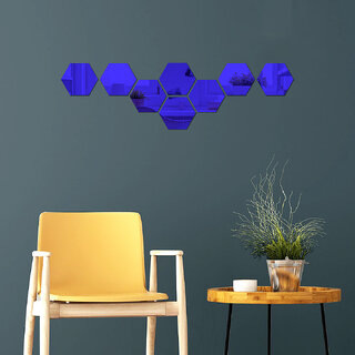 Bnezz - 8 Hexagon Blue Wall Decor 3D Acrylic Decorative Mirror for Wall Stickers for Bedroom Mirror Stickers for Home & Office Large Size (10.5 x 12.1) Cm, Unframed (8HexaBlue)