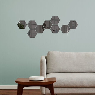 Bnezz - 9 Hexagon Black Wall Decor 3D Acrylic Decorative Mirror for Wall Stickers for Bedroom Mirror Stickers for Home & Office Large Size (10.5 x 12.1) Cm, Unframed (9HexaBlack)
