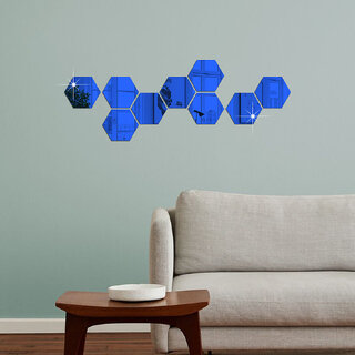 Bnezz - 9 Hexagon Blue Wall Decor 3D Acrylic Decorative Mirror for Wall Stickers for Bedroom Mirror Stickers for Home & Office Large Size (10.5 x 12.1) Cm, Unframed (9HexaBlue)
