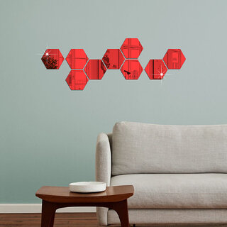 Bnezz - 9 Hexagon Red Wall Decor 3D Acrylic Decorative Mirror for Wall Stickers for Bedroom Mirror Stickers for Home & Office Large Size (10.5 x 12.1) Cm, Unframed (9HexaRed)