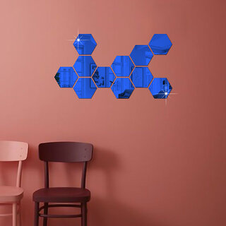 Bnezz - 11 Hexagon Blue Wall Decor 3D Acrylic Decorative Mirror for Wall Stickers for Bedroom Mirror Stickers for Home & Office Large Size (10.5 x 12.1) Cm, Unframed (11HexaBlue)