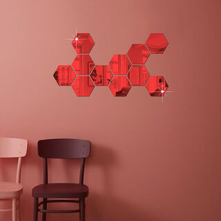 Bnezz - 11 Hexagon Red Wall Decor 3D Acrylic Decorative Mirror for Wall Stickers for Bedroom Mirror Stickers for Home & Office Large Size (10.5 x 12.1) Cm, Unframed (11HexaRed)