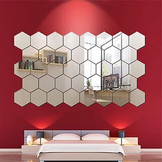                       Bnezz - 38 Hexagon Silver Wall Decor 3D Acrylic Decorative Mirror for Wall Stickers for Bedroom Mirror Stickers for Home  Office Large Size (10.5 x 12.1) Cm, Unframed (38HexaSilver)                                              