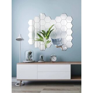                       Bnezz - 40 Hexagon Silver Wall Decor 3D Acrylic Decorative Mirror for Wall Stickers for Bedroom Mirror Stickers for Home  Office Large Size (10.5 x 12.1) Cm, Unframed (40HexaSilver)                                              