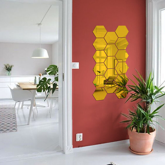 Set of 12 Acrylic Hexagonal Wall Stickers Plastic Mirrors for Home Decor,  Living Room, Bedroom, Above Sofa or Golden TV