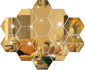 Bnezz - 14 Hexagon Gold Wall Decor 3D Acrylic Decorative Mirror for Wall Stickers for Bedroom Mirror Stickers for Home  Office Large Size (10.5 x 12.1) Cm, Unframed (L-14HexaGold)