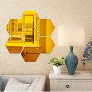                       Bnezz - 7 Hexagon Gold Wall Decor 3D Acrylic Decorative Mirror for Wall Stickers for Bedroom Mirror Stickers for Home  Office Large Size (10.5 x 12.1) Cm, Unframed (D-7HexaGold)                                              