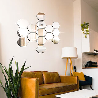                       Bnezz - 15 Hexagon Silver Wall Decor 3D Acrylic Decorative Mirror for Wall Stickers for Bedroom Mirror Stickers for Home  Office Large Size (10.5 x 12.1) Cm, Unframed (E-15HexaSilver)                                              