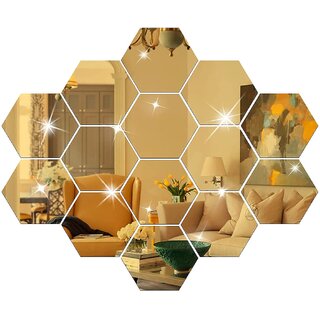                       Bnezz - 14 Hexagon Gold Wall Decor 3D Acrylic Decorative Mirror for Wall Stickers for Bedroom Mirror Stickers for Home  Office Large Size (10.5 x 12.1) Cm, Unframed (L-14HexaGold)                                              