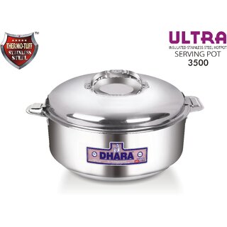 Dhara Stainless Steel Ultra 3500 Stainless Steel Casserole, 2800ml, Silver  Ideal For Chapatti  Roti  Curd Maker  Ea