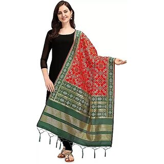                       Women's Floral Design Woven Silk Blend Dupatta/Chunni/Scarf (Green and Red)                                              