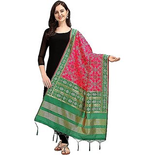                       Women's Floral Design Woven Silk Blend Dupatta/Chunni/Scarf (Light Green and Pink)                                              