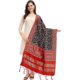                      Women's Floral Design Woven Silk Blend Dupatta/Chunni/Scarf (Red and Black)                                              