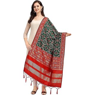                       Women's Floral Design Woven Silk Blend Dupatta/Chunni/Scarf (Red and Green)                                              