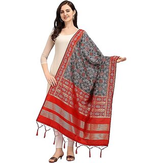                       Women's Floral Design Woven Silk Blend Dupatta/Chunni/Scarf (Red and Grey)                                              