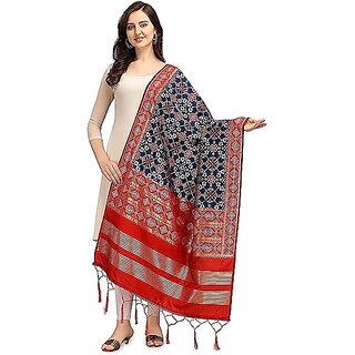                       Women's Floral Design Woven Silk Blend Dupatta/Chunni/Scarf (Red and Navy Blue)                                              