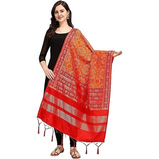                       Women's Floral Design Woven Silk Blend Dupatta/Chunni/Scarf (Red and Orange)                                              
