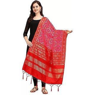                       Women's Floral Design Woven Silk Blend Dupatta/Chunni/Scarf (Red and Pink)                                              