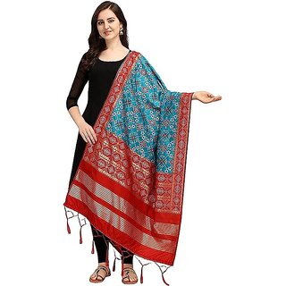                       Women's Floral Design Woven Silk Blend Dupatta/Chunni/Scarf (Red and Sky Blue)                                              