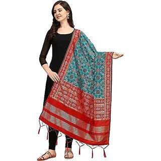                       Women's Floral Design Woven Silk Blend Dupatta/Chunni/Scarf (Red and Sea Green)                                              