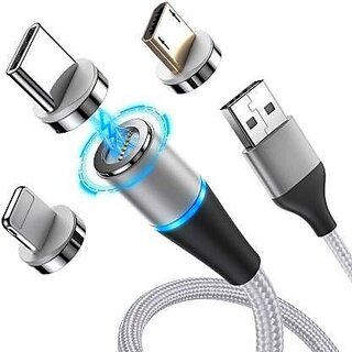                       DUETMI Magnetic Ultra Fast Charging Cable 360 Degree 3in1 Jack LED Indicator Light Cable Compatible with All Type-C Smartphone Android and iOS Smartphone (Multi Color)                                              