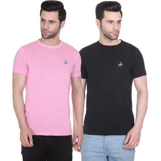                      G BULL Men's Plain Solid Regular Fit Half Sleeve Pure Cotton Casual Wear Pack of 2(2PCB.PINK,BLACK-M)                                              