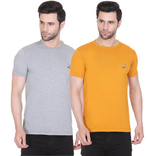                       G BULL Men's Plain Solid Regular Fit Half Sleeve Pure Cotton Casual Wear Pack of 2(2PCGREY,MUSTARD-M)                                              