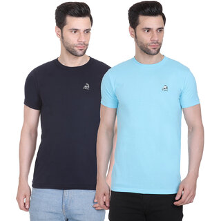                       G BULL Men's Plain Solid Regular Fit Half Sleeve Pure Cotton Casual Wear Pack of 2(2PCNAVY,D.SKY-M)                                              