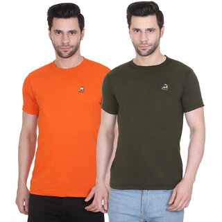                       G BULL Men's Plain Solid Regular Fit Half Sleeve Pure Cotton Casual Wear Pack of 2(2PCORANGE,OLIVE-M)                                              