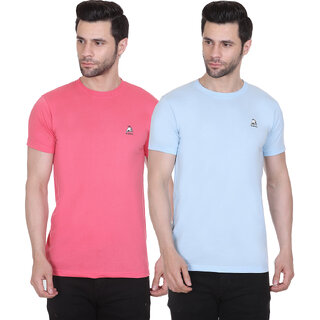                       G BULL Men's Plain Solid Regular Fit Half Sleeve Pure Cotton Casual Wear Pack of 2(2PCPEACH,L.SKY-M)                                              