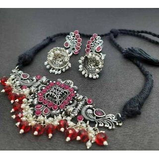                       EIT Collection Oxidised Silver, Alloy Silver Jewel Set (Red)                                              