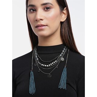                       Eit Collection Women Oxidised Teal Blue  & Silver-Toned Beaded Layered  & Tasselled Necklace Beads Metal, Stone Necklace                                              