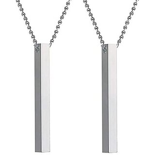                       Set Of 2 Stylish 3D Vertical Bar Cuboid Stick Pendant With Chain For Men  & Women Stainless Steel                                              